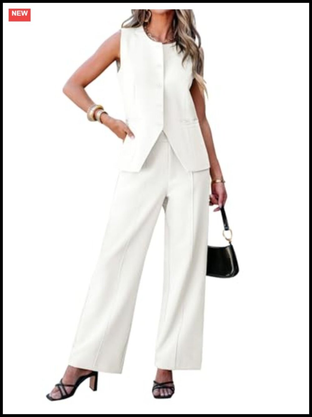 Vest Pantsuit 2 Piece Business Casual Outfit Sleeveless Wide Leg